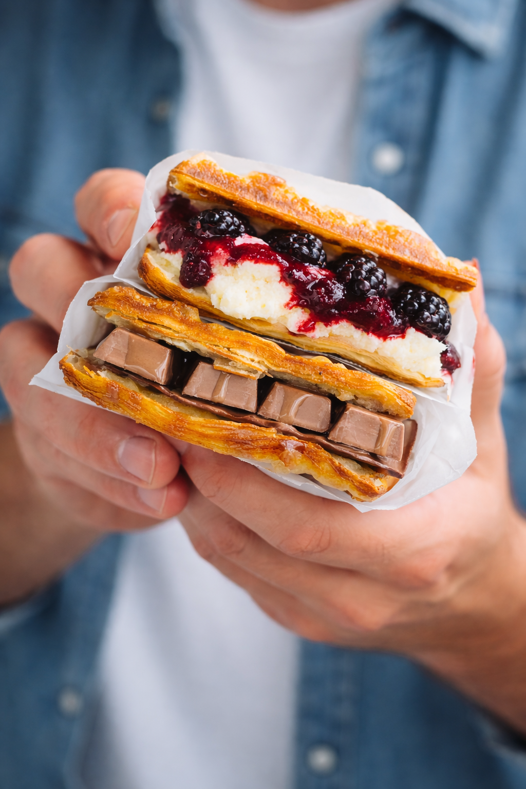 Two golden croffles held in hand, filled with berry cream and chocolate